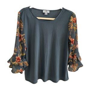 CeCe Women's Teal Knit Crewneck Top - Floral Flutter Long Sleeve - Stretch - M